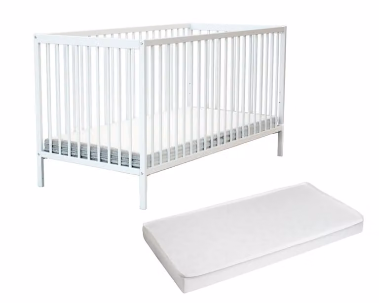 Cuna de madera de haya lacada en blanco para bebés con colchón de 70 x 140 cm An/P/Al: 144 x 72,5 x 82 cm