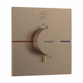 Termostato para ducha Hansgrohe ShowerSelect Comfort E empotrado con botón de seguridad SafetyStop y acabado en bronce cepillado