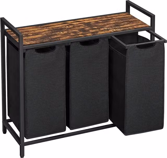 Estantería de baño de 3 piezas SONGMICS con cesta de la ropa, estilo industrial, marrón y negro