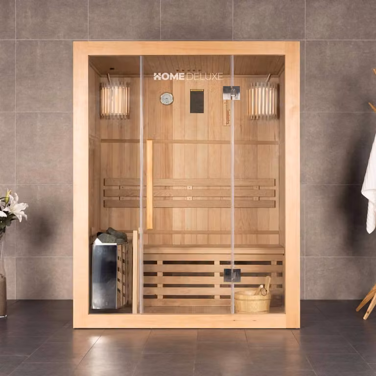 Sauna finlandesa tradicional Home Deluxe SKYLINE L de madera color marrón para 3 personas, An: 150 cm, P: 120 cm, Al: 120 cm