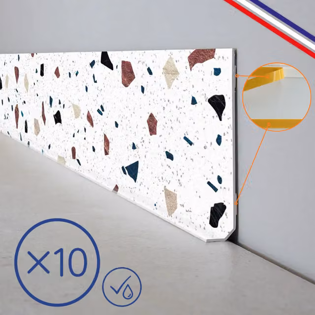 Rodapiés decorativos adhesivos Tesa de PVC blanco con efecto mármol multicolor, lote de 10 unidades de 100 x 8 cm (10 m)