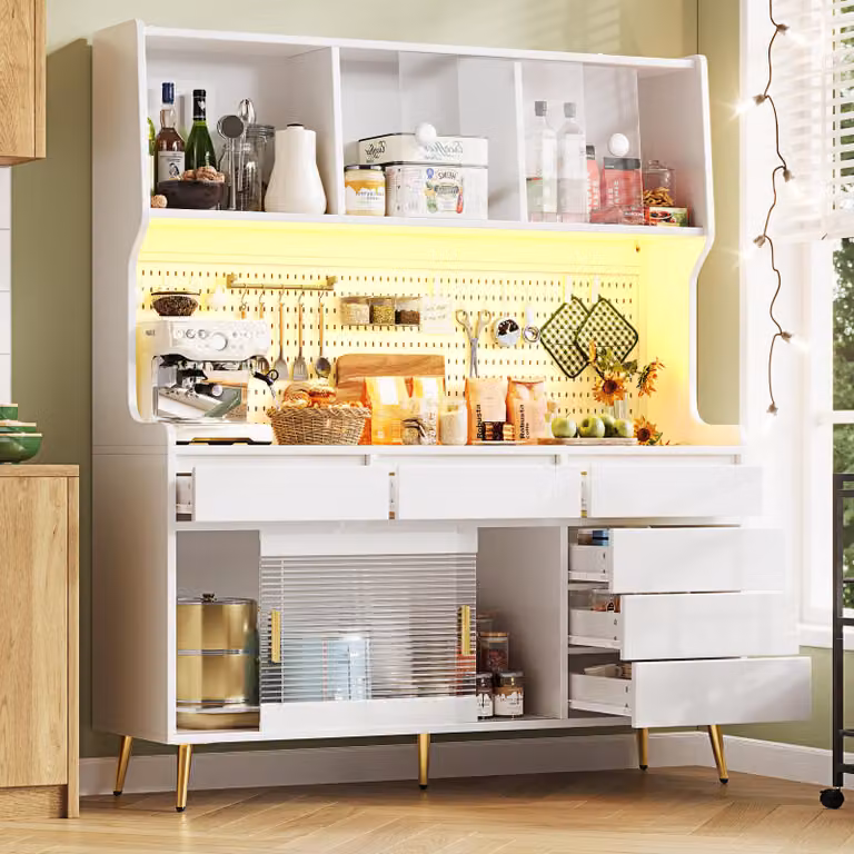 Armario alto STILVORA con puertas correderas de cristal, iluminación integrada y estantes, blanco, An/P/Al: 145 x 39 x 171 cm