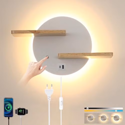 Lámpara de pared LED KZT Táctil en color blanco con detalles de madera, regulable y con función de lectura o luz de noche