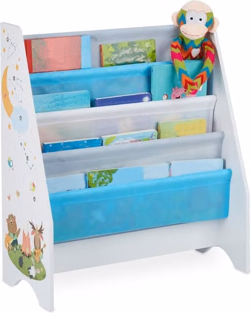 Librería infantil Relaxdays con 4 bolsillos colgantes de tela, diseño de animales, multicolor, An/P/Al: 71 x 62 x 29 cm