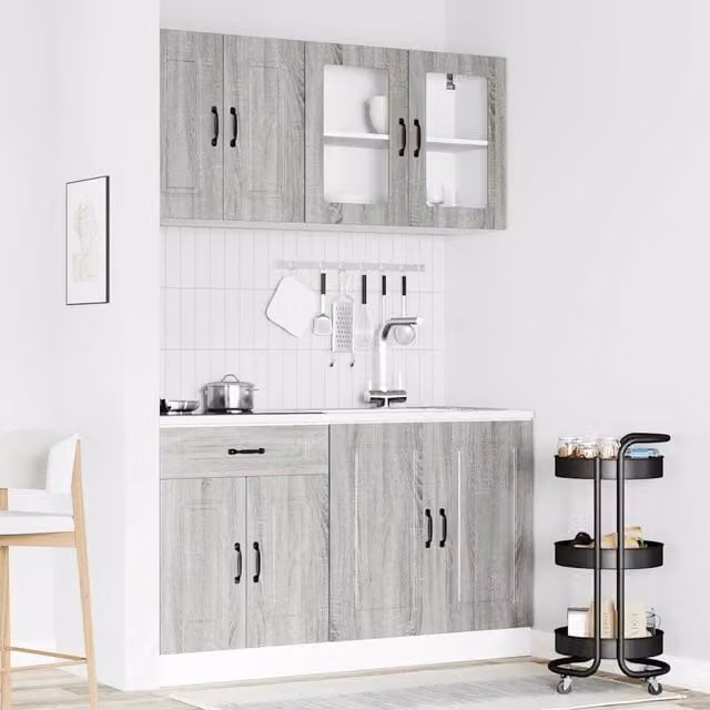 Mueble de cocina Kalmar Syfax de 4 piezas en color gris con puertas de cristal y acabado mate de estilo moderno
