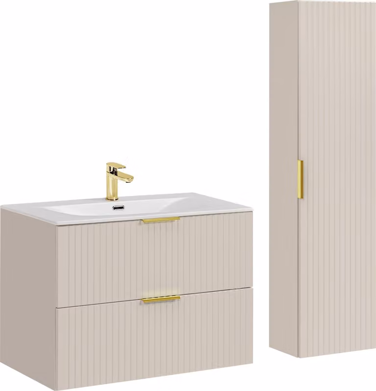 Conjunto de baño moderno DMK con mueble de lavabo y columna en beige y oro de 80 cm