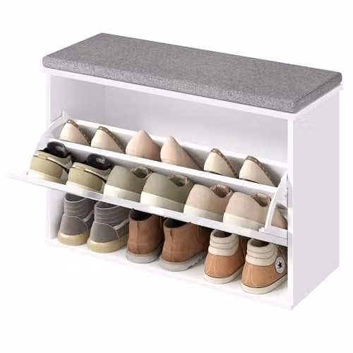 VASAGLE Banco zapatero acolchado con cajón abatible para 9 pares, blanco y gris