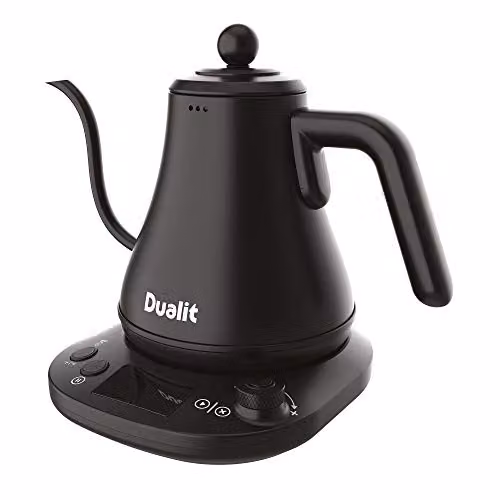 Hervidor eléctrico Dualit con temperatura regulable y diseño vintage en negro mate, capacidad de 800 ml, con pantalla digital y pico de cuello de cisne para un vertido preciso