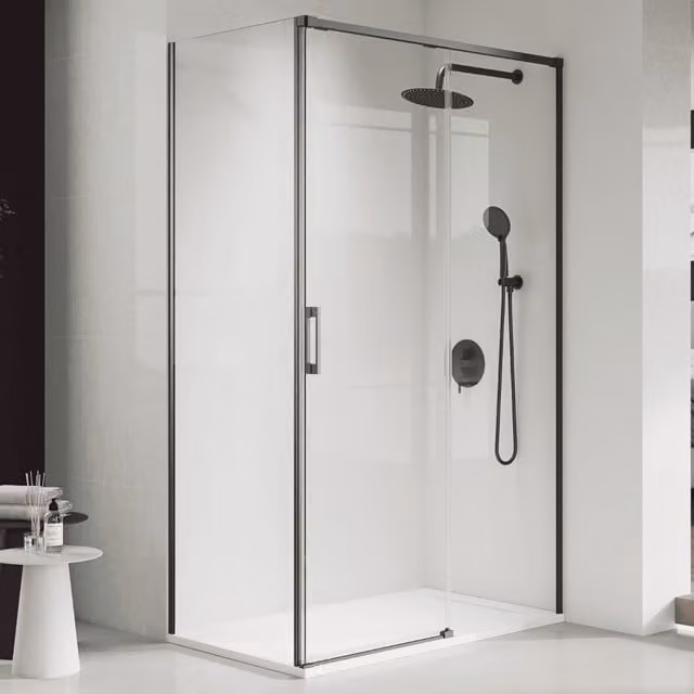 Mampara de ducha rectangular corredera BAÑO TOTAL transparente con perfil gun metal An/P/Al: 130 x 90 x 195 cm