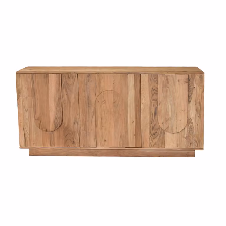 Aparador moderno ARK de madera de acacia maciza con 3 puertas y grabado abstracto en color marrón, Ancho: 160 cm