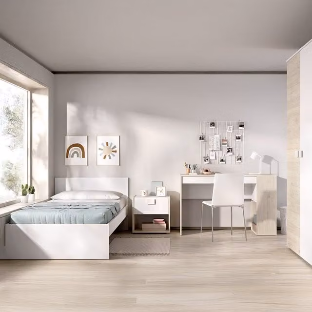 Conjunto de Dormitorio DMORA Reversible con Estructura de Cama, Mesita de Noche, Cómoda y Armario en Blanco y Roble, An/P/Al: 195 x 95 x 68 cm