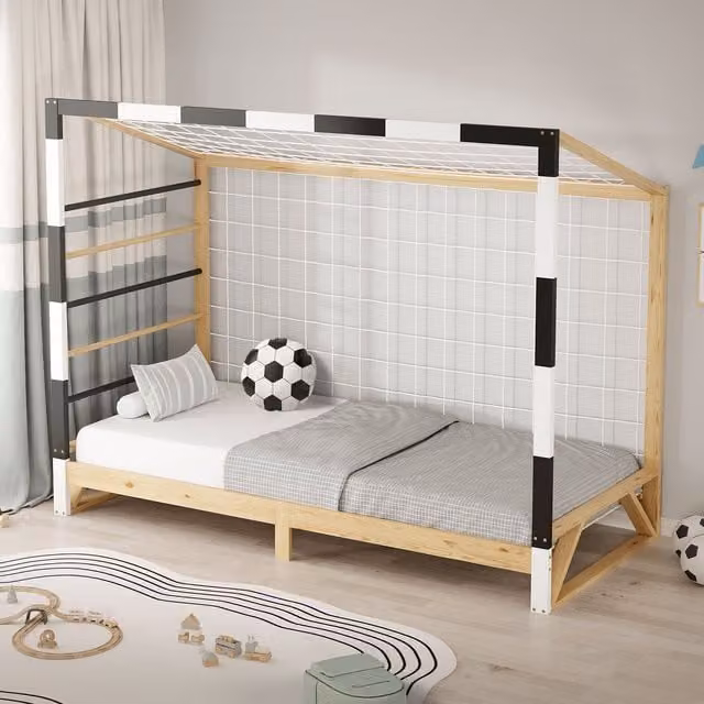 Cama infantil Ml-design de madera de pino con forma de portería de fútbol, incluye colchón de espuma y escalera de trepar, An/P/Al: 200 x 90 x 165 cm