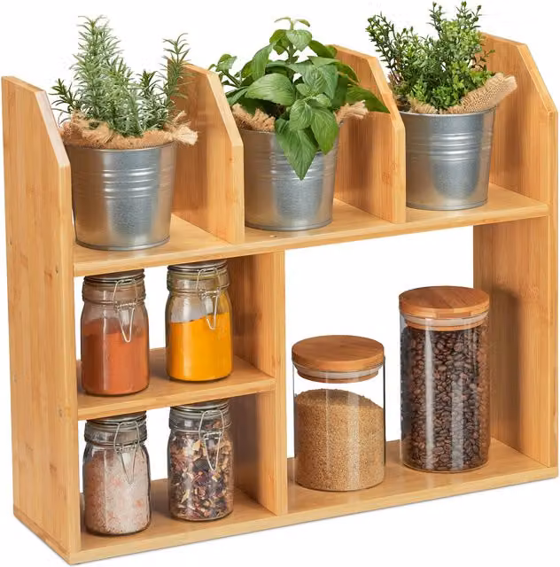 Estantería de bambú Relaxdays con 6 compartimentos, diseño minimalista para cocina, baño o salón, color natural, An/P/Al: 45,5 x 16 x 55 cm