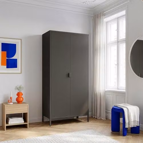 Armario de dormitorio en.casa Esteli con 2 puertas, 2 percheros y 4 estantes regulables en acero color negro, Al x An x P: 170 x 80 x 45 cm