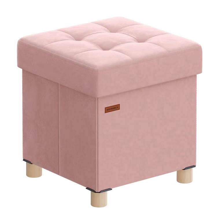 Puff de almacenaje plegable Songmics de terciopelo rosa con estructura de madera y MDF, An/P/Al: 38 x 38 x 40 cm