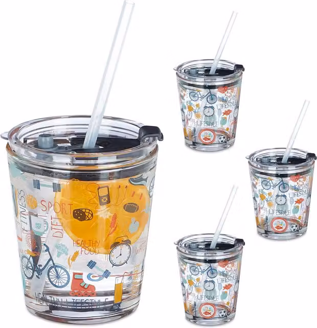 Set de 4 vasos de vidrio con tapa y pajita para niños de relaxdays, diseño multicolor y transparente, 350 ml