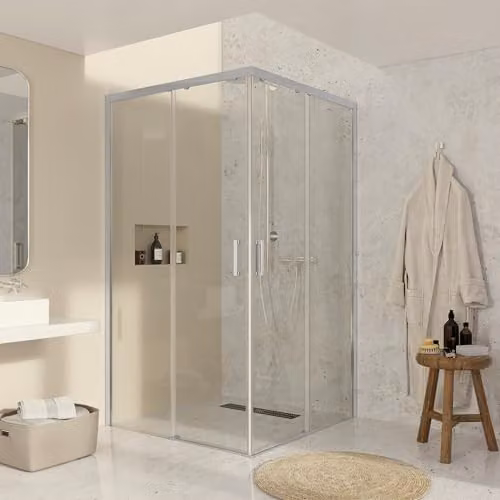 Mampara de ducha angular NEBADOON con 2 paneles fijos y 2 correderas, cristal templado transparente de 6 mm con tratamiento antical y perfilería en cromo brillante, puertas reversibles, An/P/Al: 72,5-75 x 77,5-80 x 195 cm