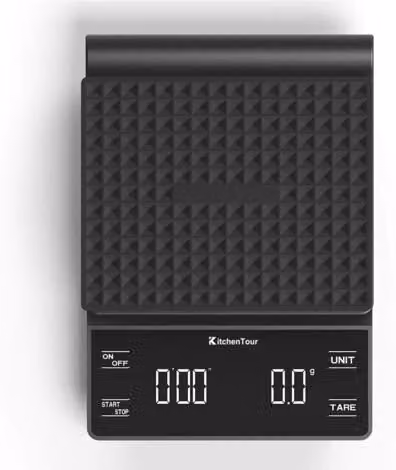 Balanza de precisión KitchenTour para café con temporizador, capacidad de 3 kg y precisión de 0,1 g, pantalla LCD retroiluminada y funciones de tara, conversión de unidades y apagado automático, color negro