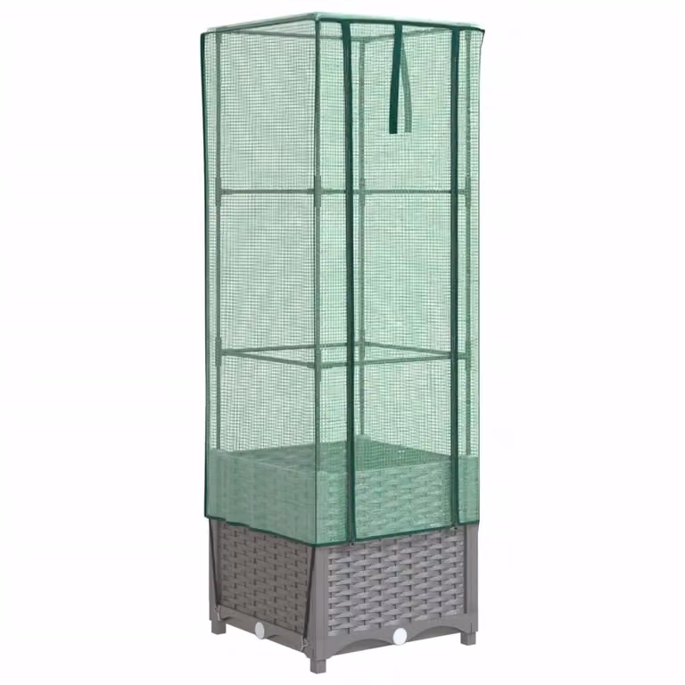 Arriate con cubierta de invernadero Syfax con aspecto de ratán en gris y verde, An/P/Al: 40 x 40 x 139 cm
