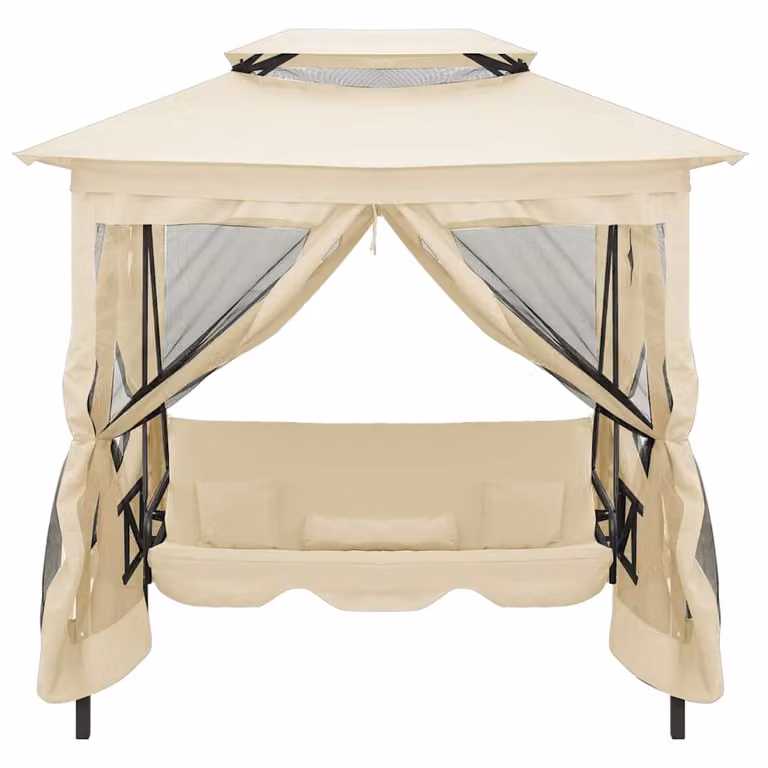 vidaXL Banco columpio cenador convertible en cama con cojines y toldo, blanco y beige