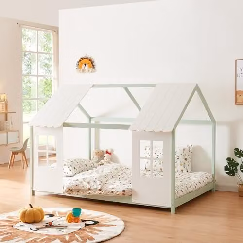 Cama infantil en forma de casa Tostedt de en.casa en madera de pino, color verde menta y blanco, An/P/Al: 140 x 200 cm