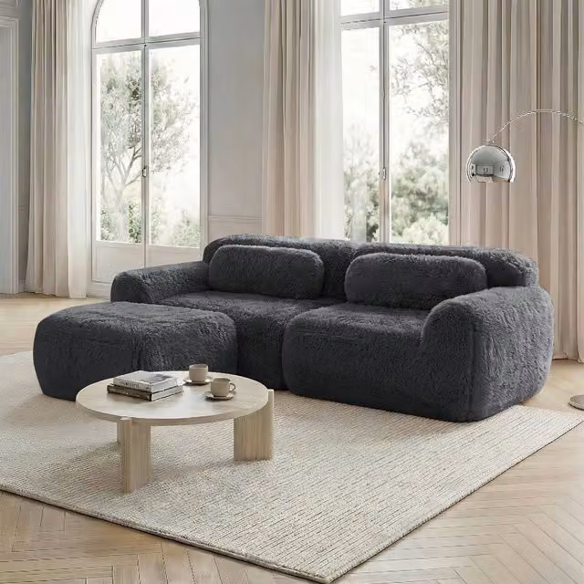 Sofá Esquinero de Dos Plazas KELLANY en Tela de Terciopelo Gris, Diseño Modular Reversible con Cojines y Relleno de Espuma de Alta Resiliencia