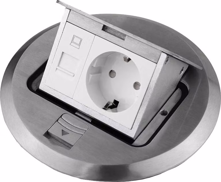 Enchufe empotrable retráctil NCC-Licht de acero inoxidable en color plateado con 2 tomas RJ45 y Schuko para montaje en suelo o pared