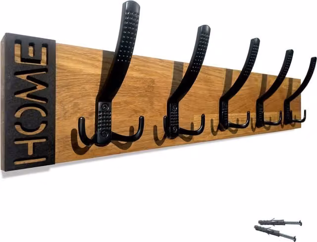 Perchero de pared moderno Flexistyle de madera de roble aceitada en color marrón y negro, Ancho: 60 cm