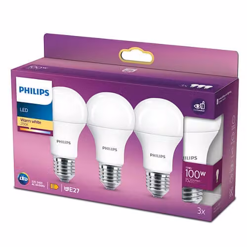 Pack de 3 bombillas LED Philips A60 de 13 W con casquillo E27, 1521 lúmenes y luz blanca cálida de 2700 K en color blanco