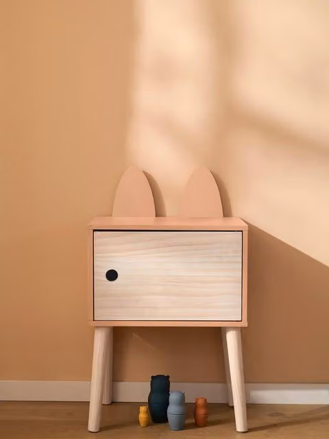Mesita de noche infantil Vertbaudet de madera de pino con diseño de zorro en color naranja y rojo