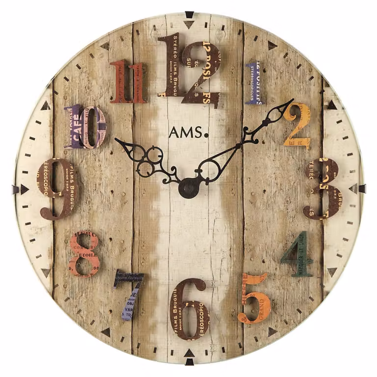 Reloj de pared analógico AMS 9423 de estilo vintage con mecanismo de cuarzo silencioso, diseño redondo en colores beige y multicolor, An/P/Al: 30 x 4 cm