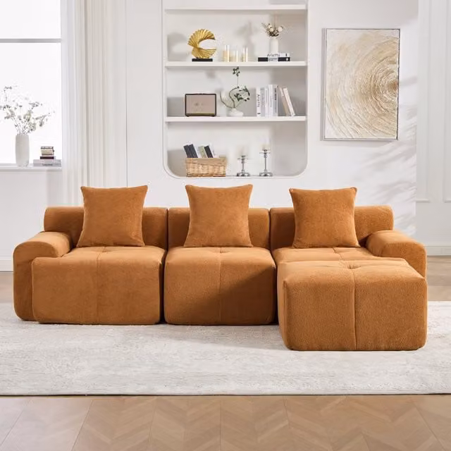 Sofá Esquinero Modular Kellany de 3 Plazas en Color Naranja con Diseño Tipo Nube y Espuma Viscoelástica, An/P/Al: 268 x 102 x 78 cm