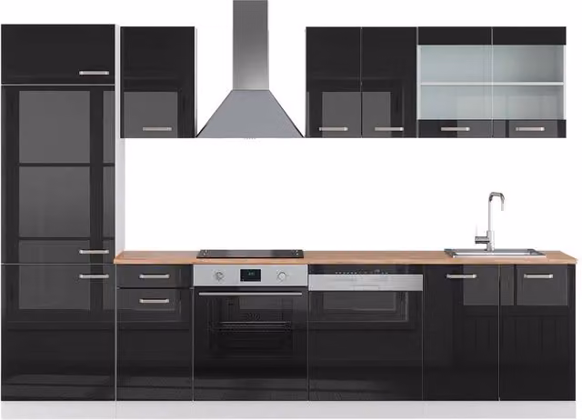 Mueble de cocina Vicco R-Line en negro brillo, blanco y roble con An: 300 cm, Al: 206,8 cm, P: 60 cm