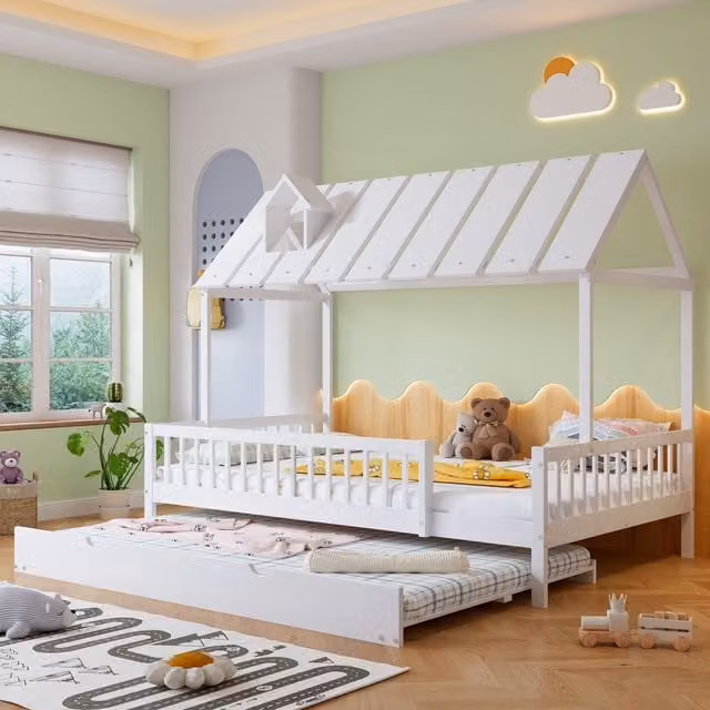 Cama Casita MODENVIE para niños con cama nido y diseño de cabaña en madera blanca, An/P/Al: 120 x 200 x 169 cm