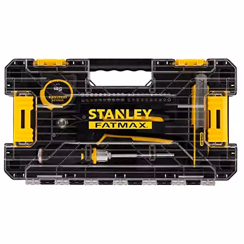 Set de herramientas manuales Stanley de 44 piezas en colores negro y amarillo con cuchillo, destornilladores, puntas, alicates y cinta métrica