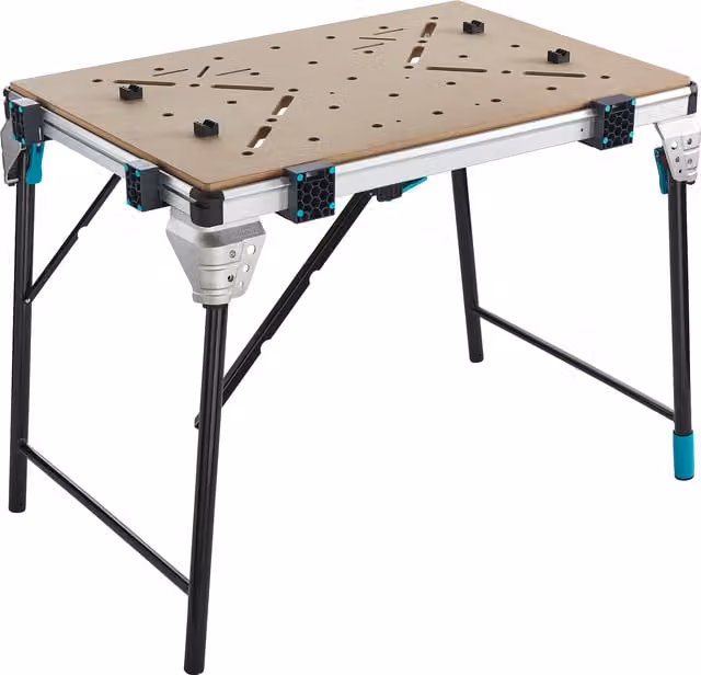 Mesa de trabajo portátil Wolfcraft MASTER work 1600, plegable y con altura ajustable, en color marrón y plateado, fabricada en aluminio, acero y madera