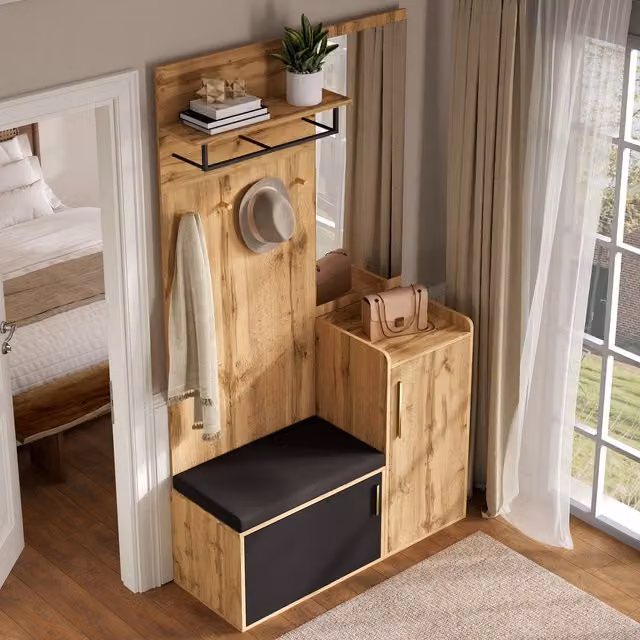 Mueble de entrada MODENVIE con espejo, banco acolchado, zapatero y ganchos, negro, An/P/Al: 100 x 38 x 185 cm