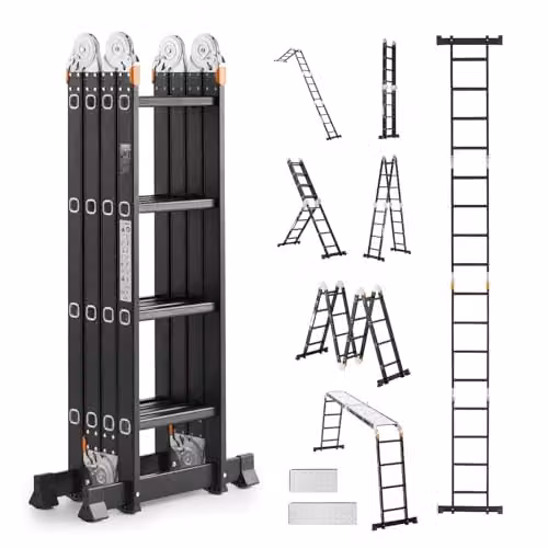 Escalera plegable multiusos 7 en 1 VEVOR de aluminio negra con tablero de andamio y barra de equilibrio, capacidad 150 kg, Al x An x P: 226 x 60,8 x 152,5 cm