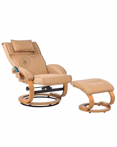 Sillón reclinable Beliani Majestic de piel sintética con masaje, calefacción y reposapiés en color marrón claro