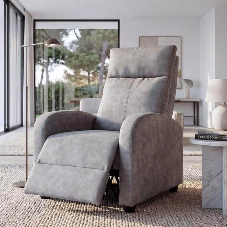 Mendler Sillón de televisión HWC-F76 reclinable tipo chaise longue con tapizado en tela, color gris claro y estilo vintage