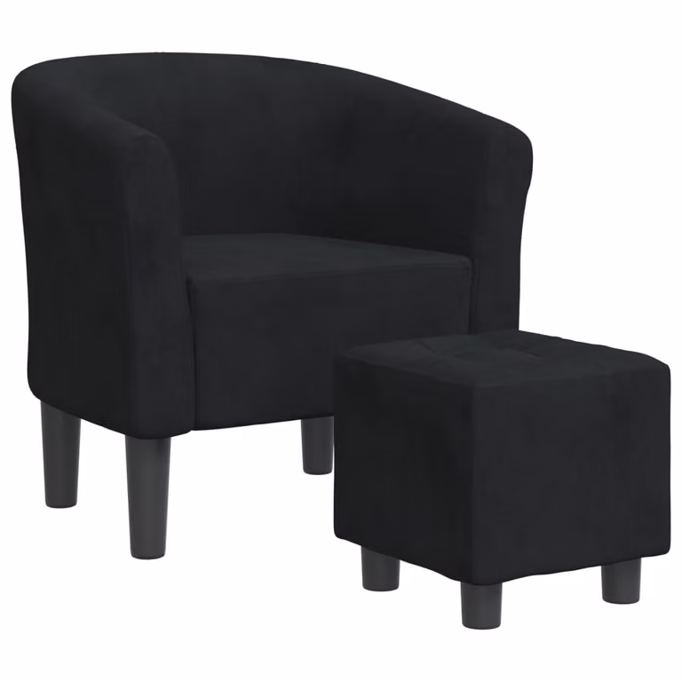 Sillón con taburete vidaXL de terciopelo negro y estructura de madera de pino para salón o dormitorio