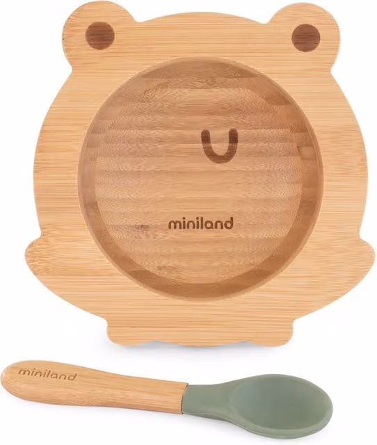 Cuenco con ventosa Miniland Frog de bambú y silicona color marrón reutilizable