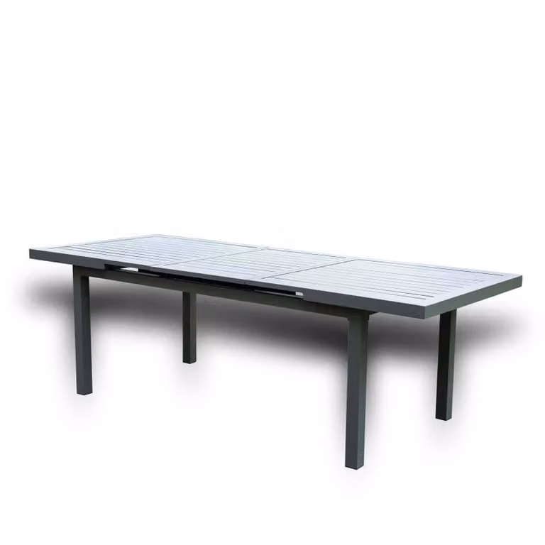 Conjunto de mesa y asientos de jardín Home Deluxe Calido Madera en color gris y acabado mate con mesa rectangular extensible