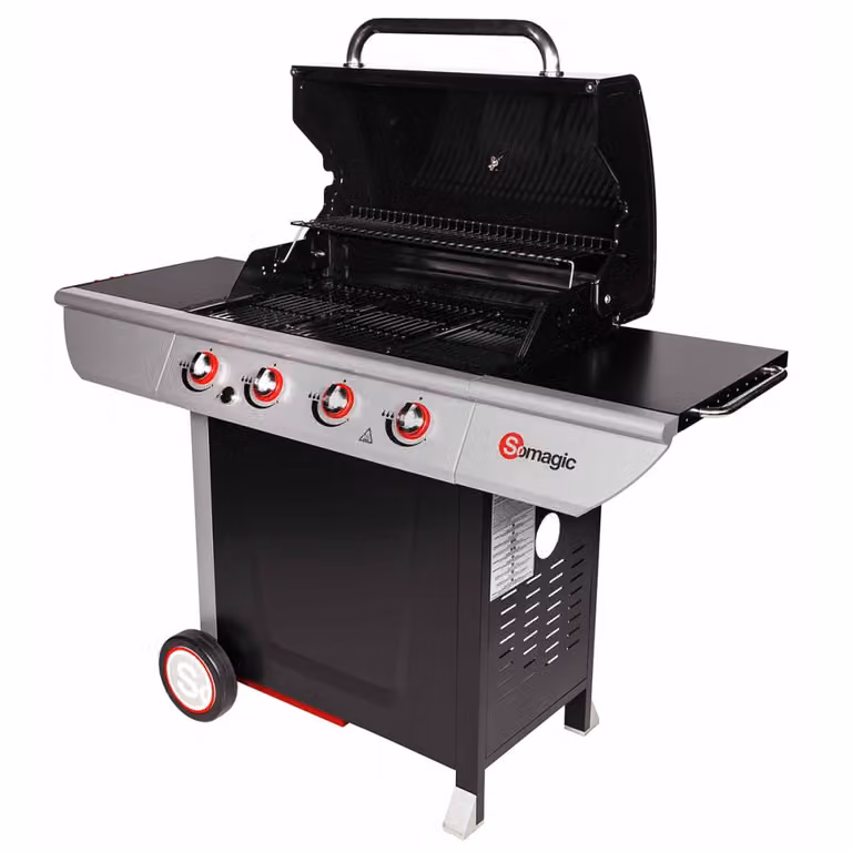 Barbacoa de gas Homemaison Somagic Manhattan 400gpi de 4 quemadores y 14kW en color gris y negro con rejilla de calentamiento y termómetro