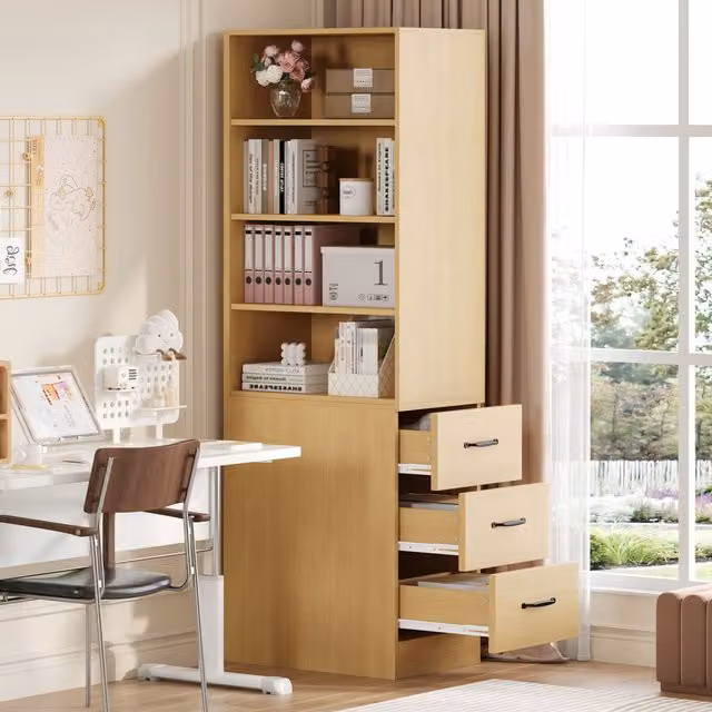 Librería estrecha HAUSS SPOLE en color roble, con 3 cajones laterales y estantes regulables, An/P/Al: 60 x 38 x 180 cm