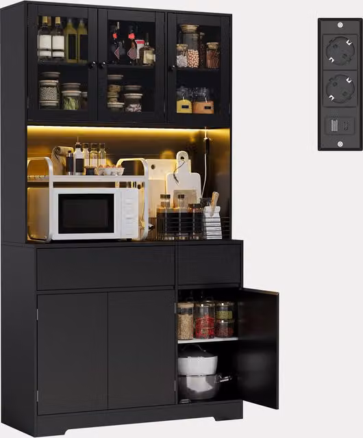 Mueble de almacenaje alto Bealife para cocina o salón en color negro con puertas de vidrio, cajones e iluminación integrada, An: 100 cm, P: 56,8 cm, Al: 180 cm