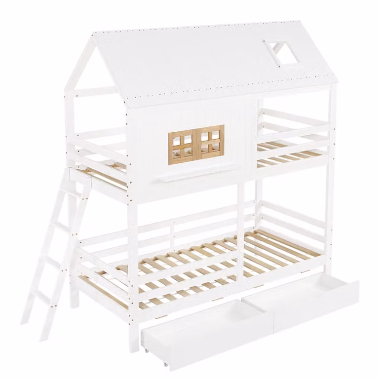 Litera infantil OKWISH de madera con estructura de casa, cajones y zona de juego, color blanco y beige, An/P/Al: 90 x 200 x 230 cm