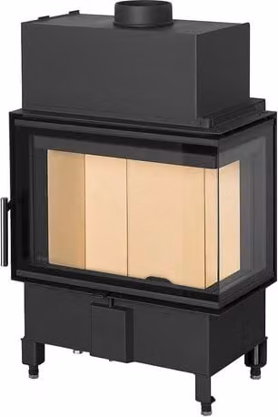 Chimenea de leña ROMOTOP Heat 81-40 esquinera derecha con puerta lateral en color negro y detalles cerámicos