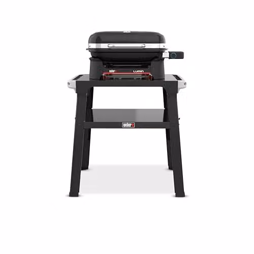 Barbacoa eléctrica Weber Lumin Compact con soporte, color negro, con termómetro integrado y parrillas de hierro esmaltado, superficie de cocción de 43 x 32 cm