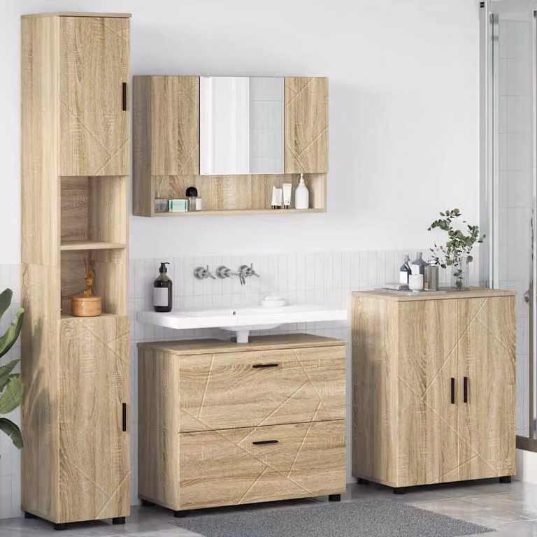 Prolenta Juego de muebles de baño de 4 piezas en color marrón roble con acabado mate, An/P/Al: 35 x 30 x 192 cm